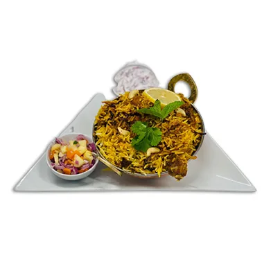 Chicken biriyani served in a bowl with raita and salad