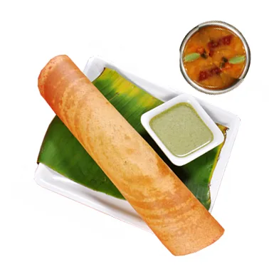 A rolled ghee roast dosa served with sambar and chutney